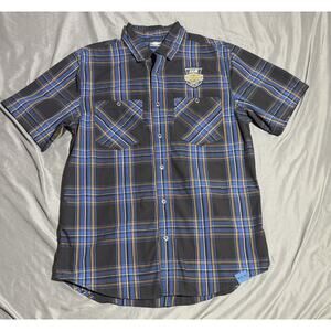 Harley-Davidson Men’s M Plaid Button-Up Shirt Blue Black Logo Patch Casual
